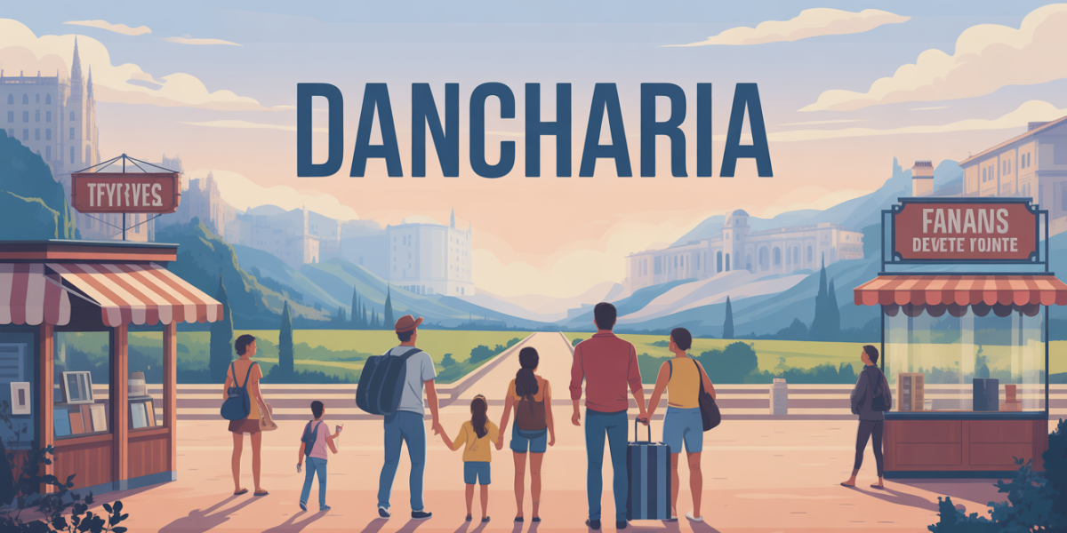 Illustration frontière Dancharia, familles et commerces, ambiance basque