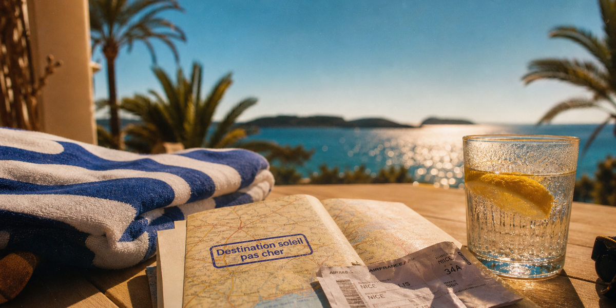 Destination soleil pas cher en hiver : terrasse bord de mer et carte de voyage