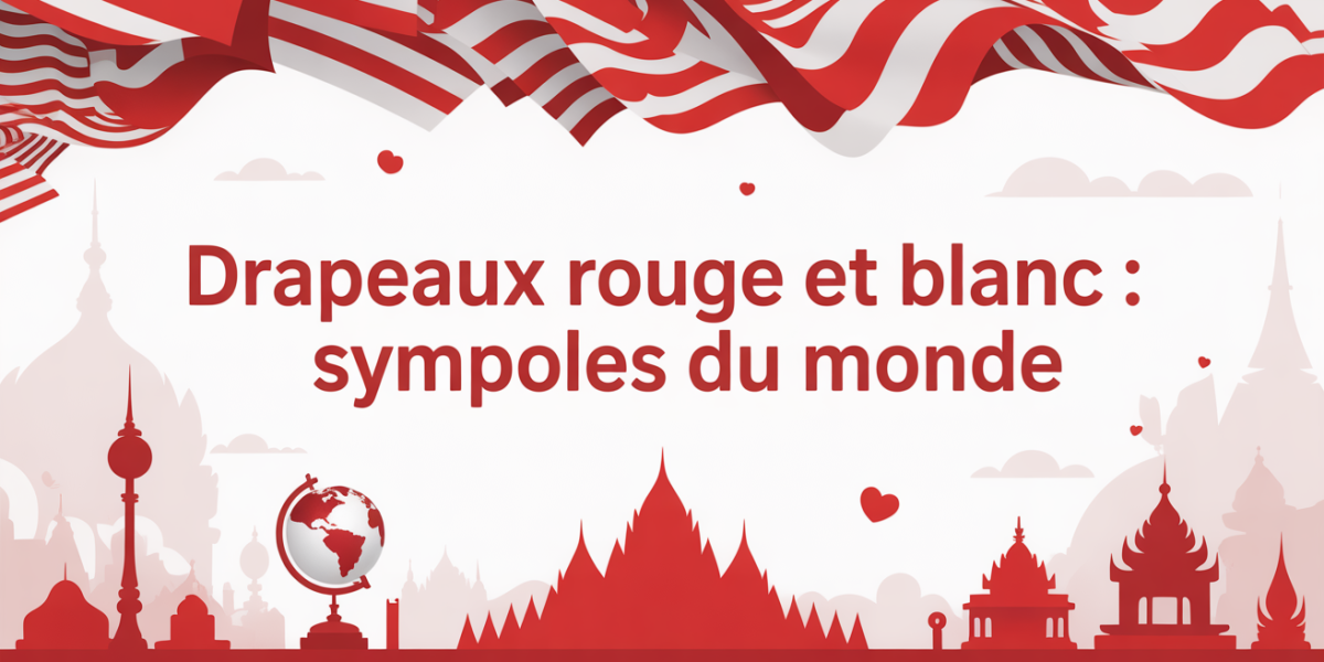 Mosaïque de drapeaux rouges et blancs stylisés sur fond blanc, texte central, globe et temples estompés