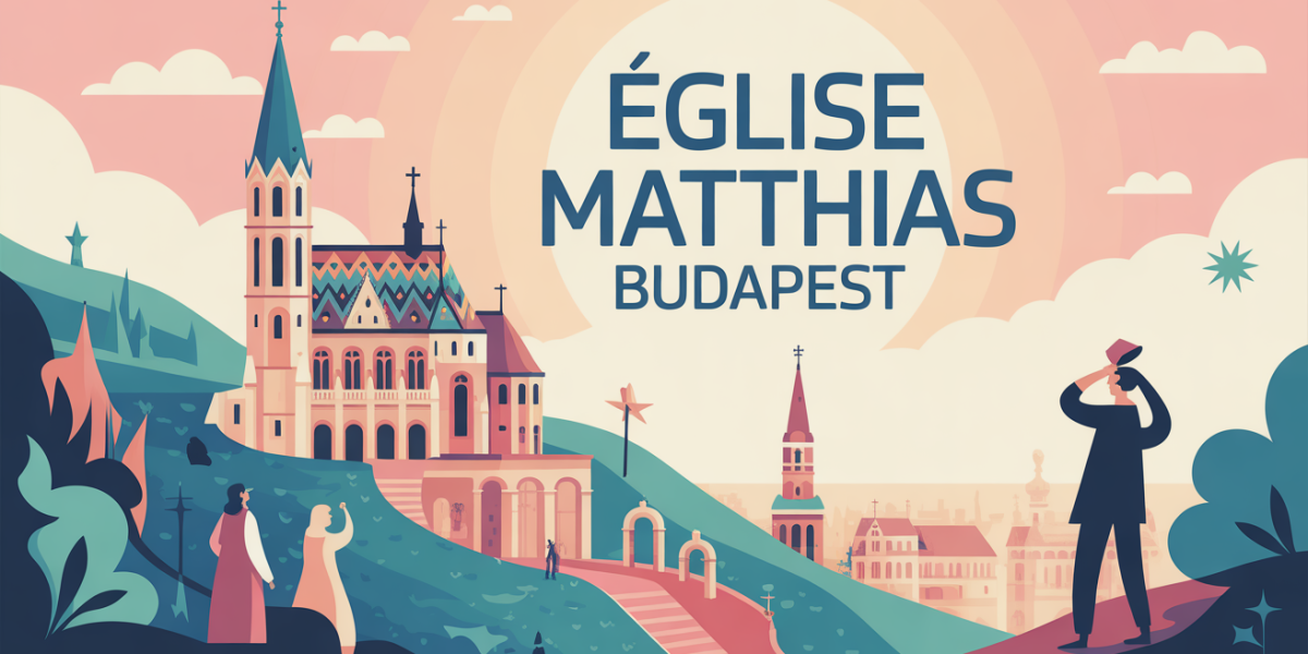 Eglise Matthias Budapest stylisée sur colline, toit multicolore, visiteurs admirant le monument
