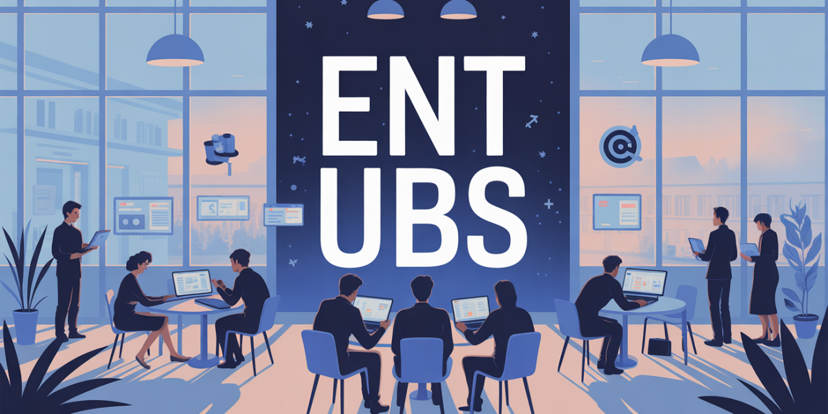 Scène paisible ENT UBS, étudiants et personnels sur ordinateurs, ambiance moderne