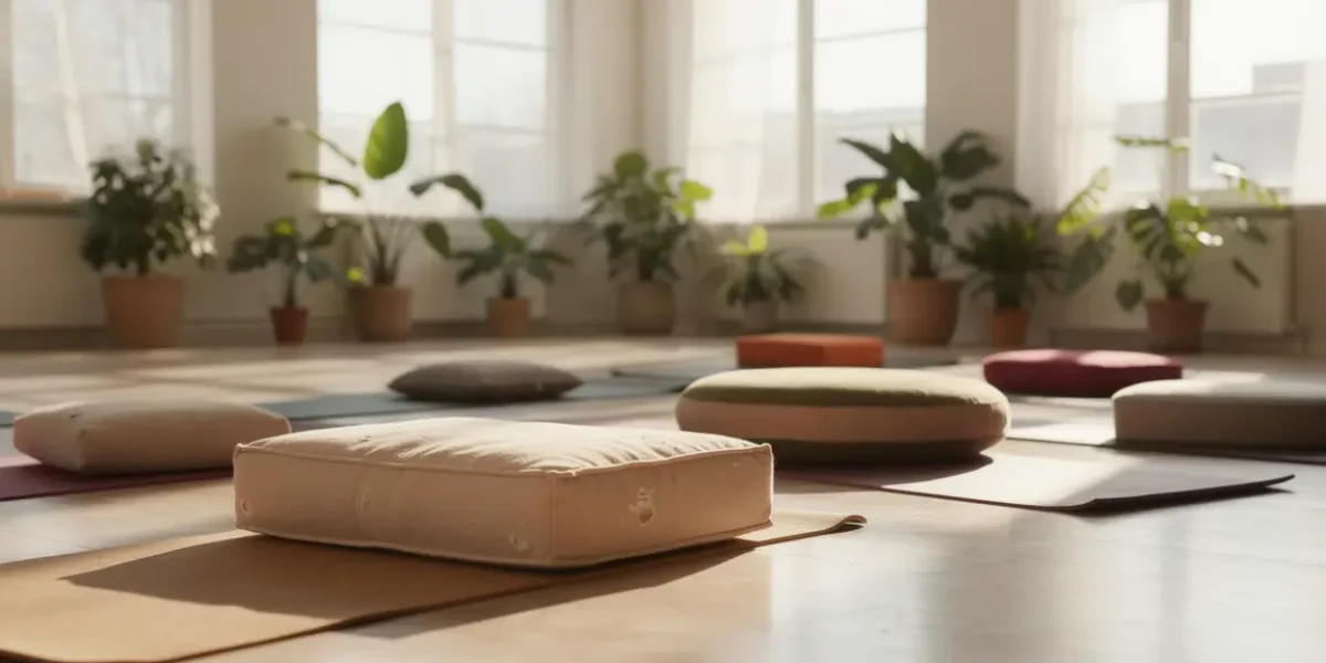 Ambiance naturelle et confortable avec coussin yoga colorés et plantes