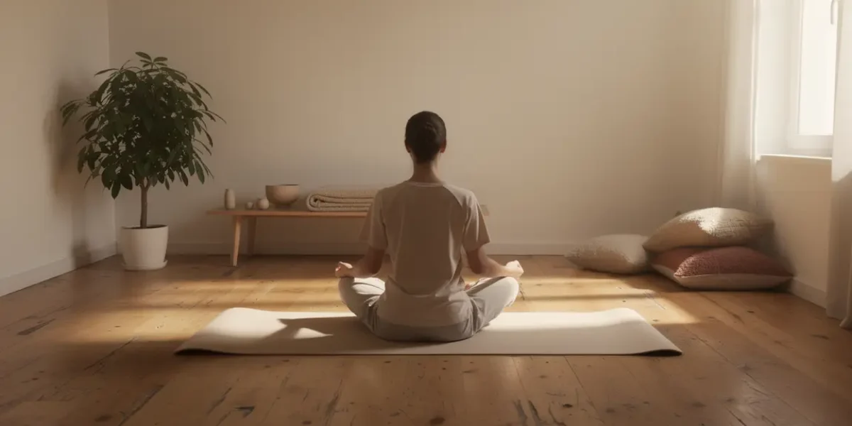 espace yoga maison minimaliste avec plante verte et accessoires