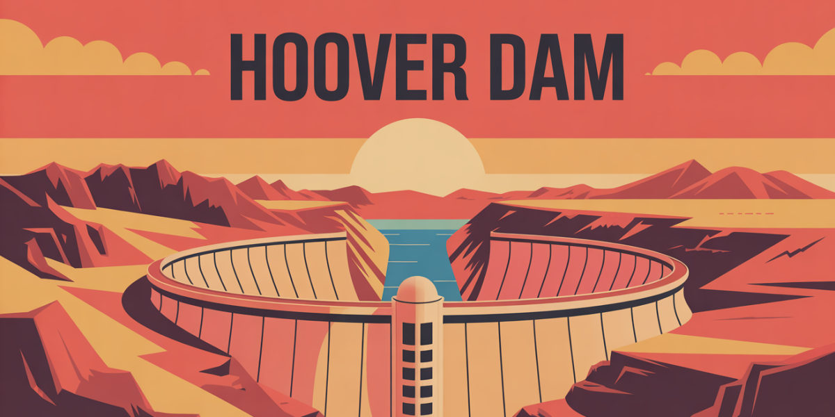 Hoover Dam dans le désert avec soleil et fleuve