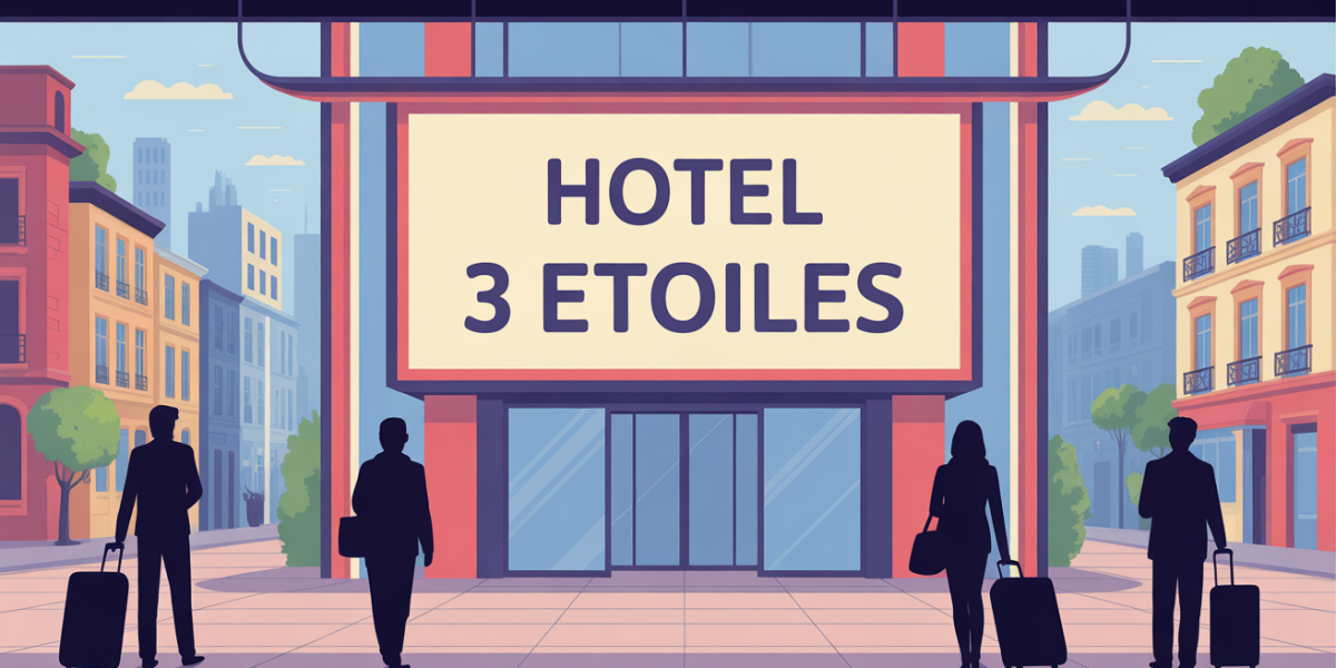 Hotel 3 etoiles moderne en ville, voyageurs valises panneau lumineux