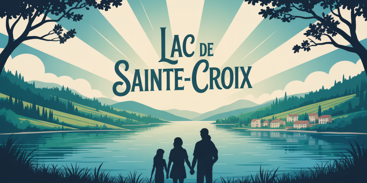 Vue d'ensemble stylisée du lac de Sainte Croix avec soleil et familles