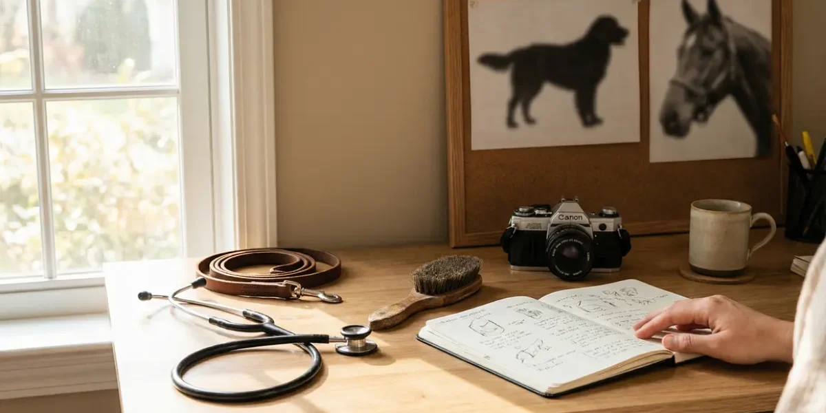 Bureau métiers animaliers avec stéthoscope et outils