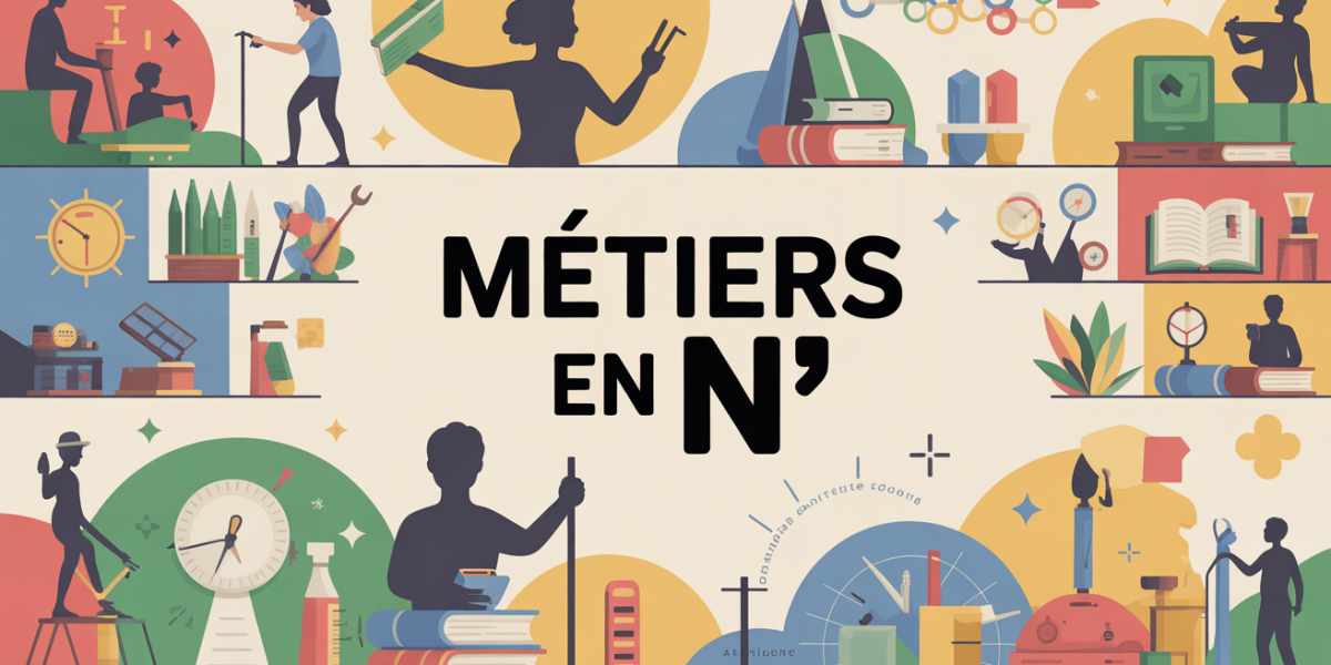 Panorama métiers en N, silhouettes, outils, texte, orientation