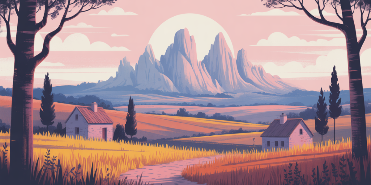 Paysage brumeux des Monts d'Arrée avec landes et maisons en pierre
