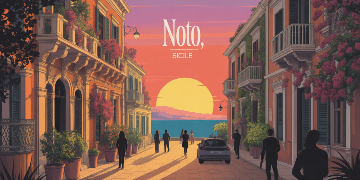 Illustration Noto ville baroque Sicile au soleil, orangers et mer