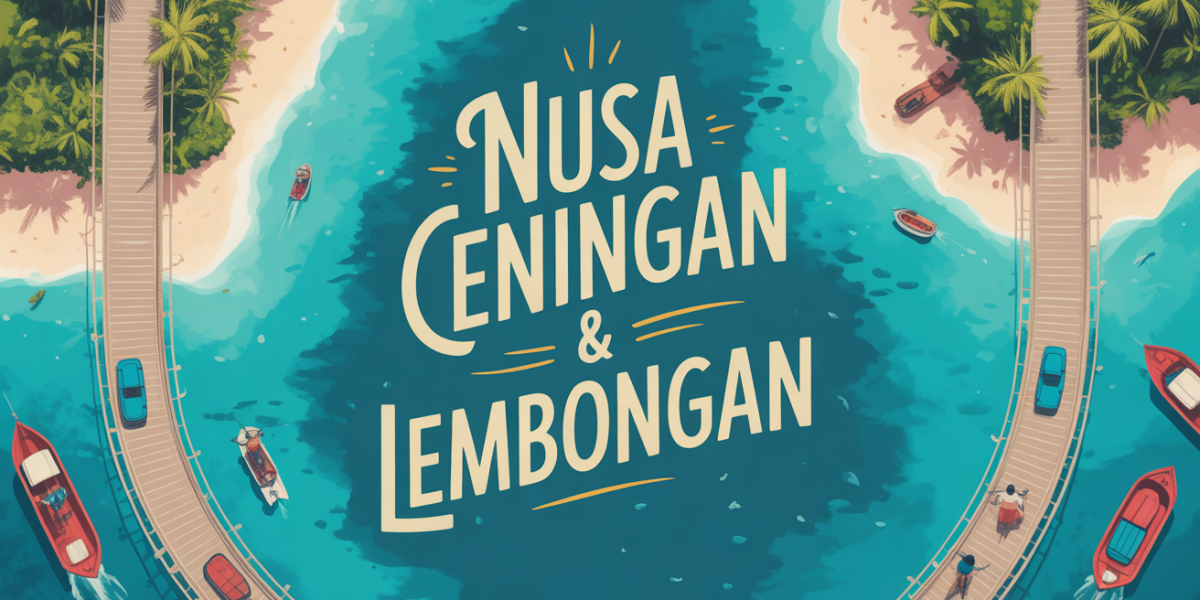 Illustration vue du ciel Nusa Ceningan et Lembongan avec pont jaune et lagon