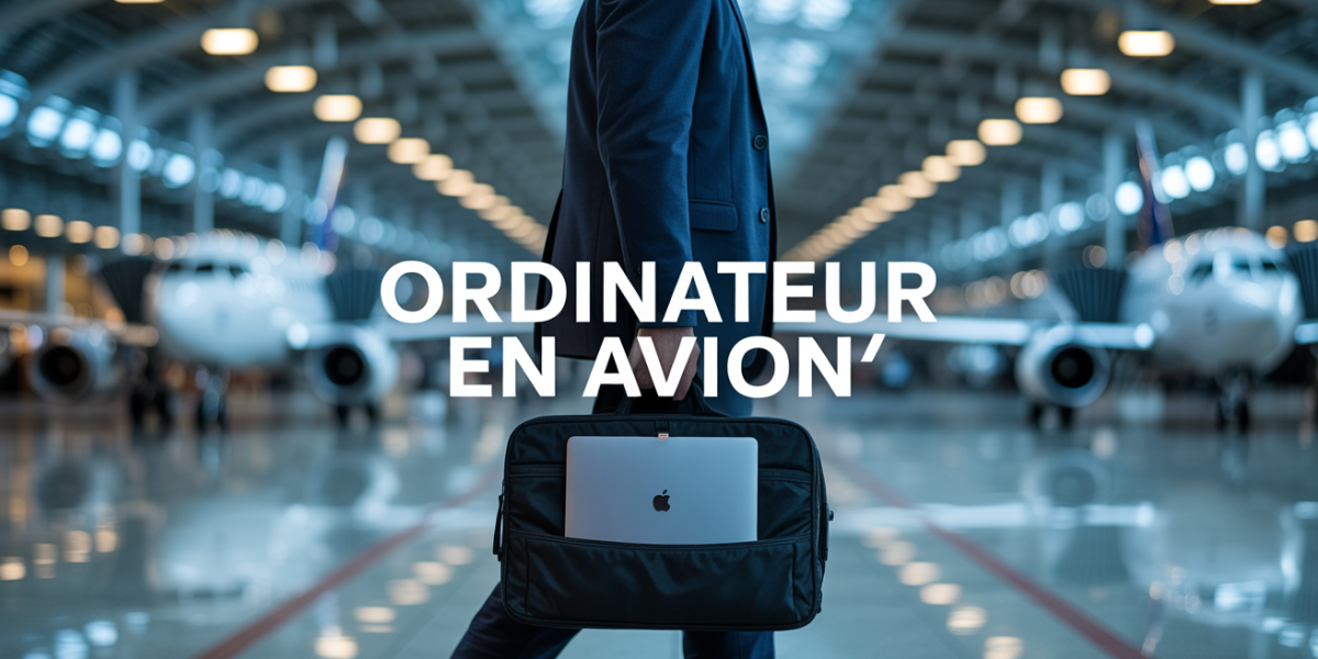 Personnage avec sac ordinateur en avion terminal