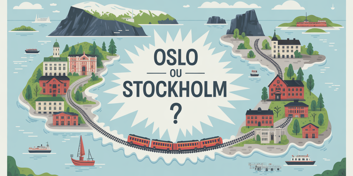 Carte stylisée des capitales Oslo et Stockholm reliées, fjords, îles et train