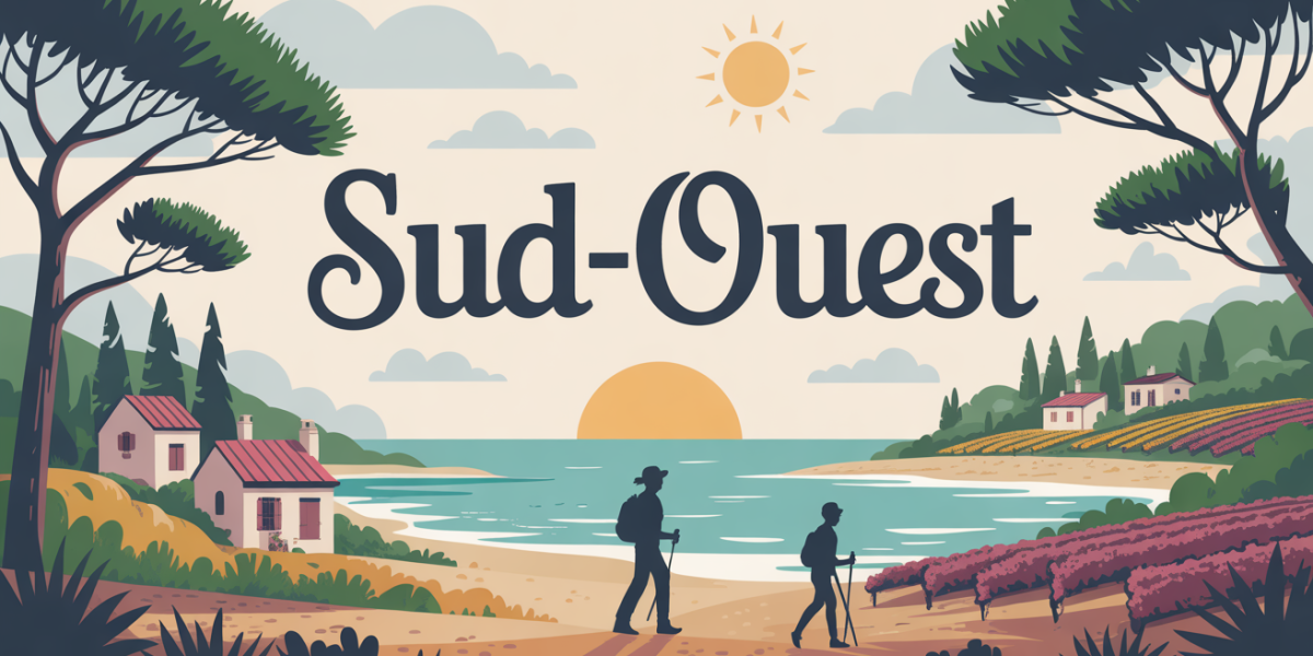 Illustration de paysage Sud-Ouest France, nature, plages, vignobles