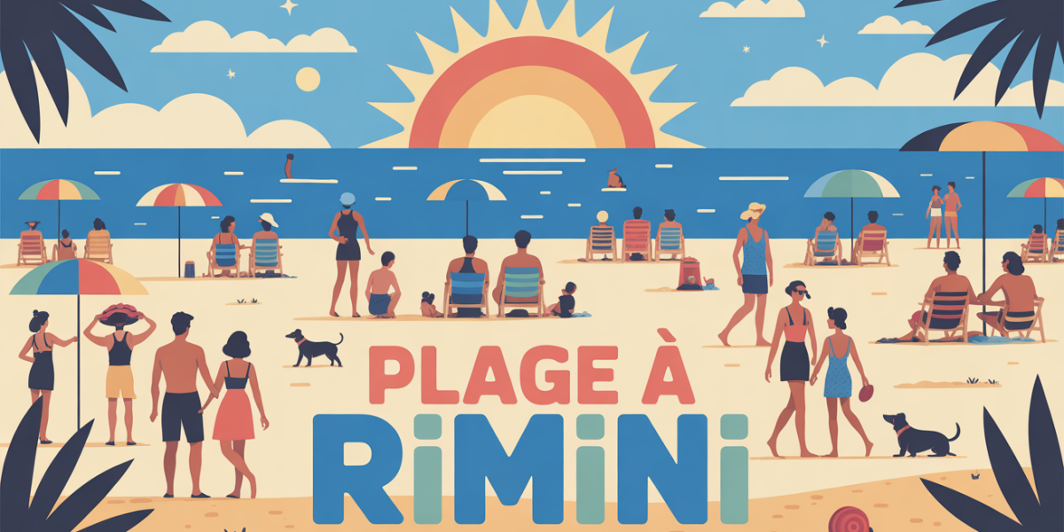 grande plage a Rimini avec familles couples chiens sous soleil