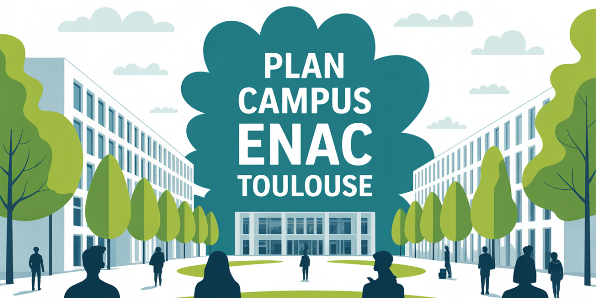 Illustration campus ENAC Toulouse avec étudiants et bâtiments