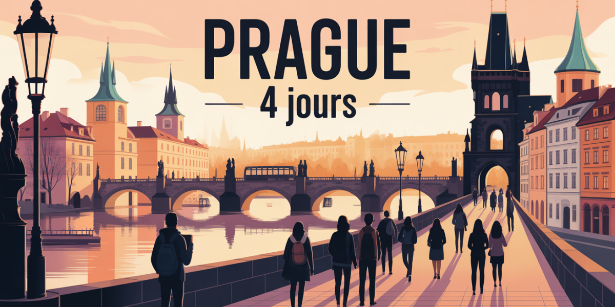 Prague 4 jours illustration aube ponts tramway clochers