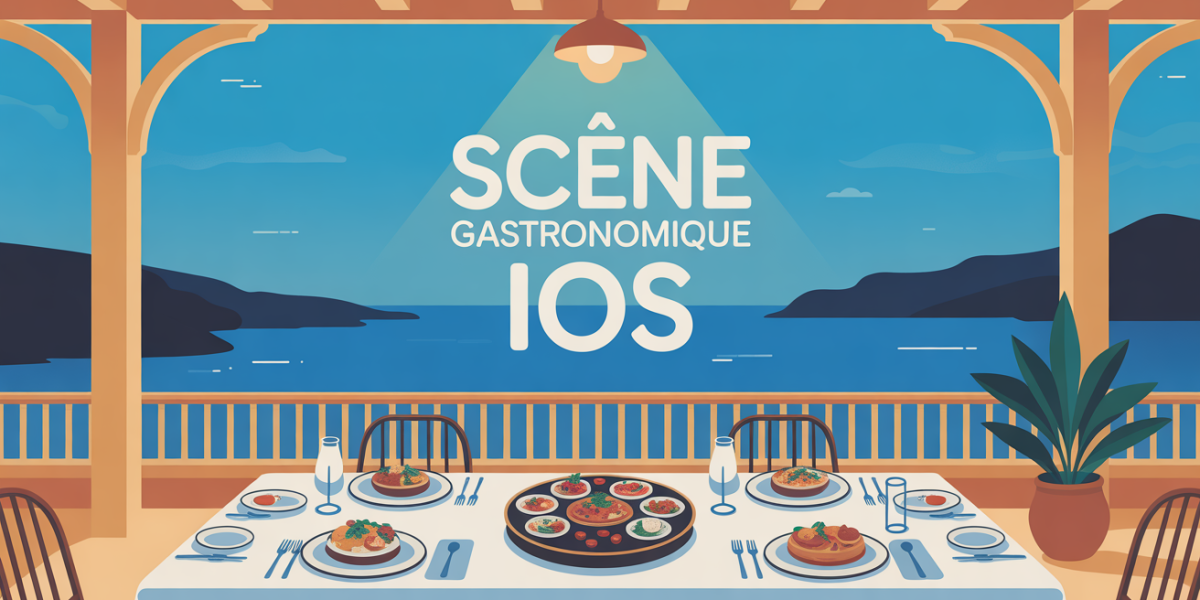 Terrasse grecque Ios avec plats typiques et vue sur mer