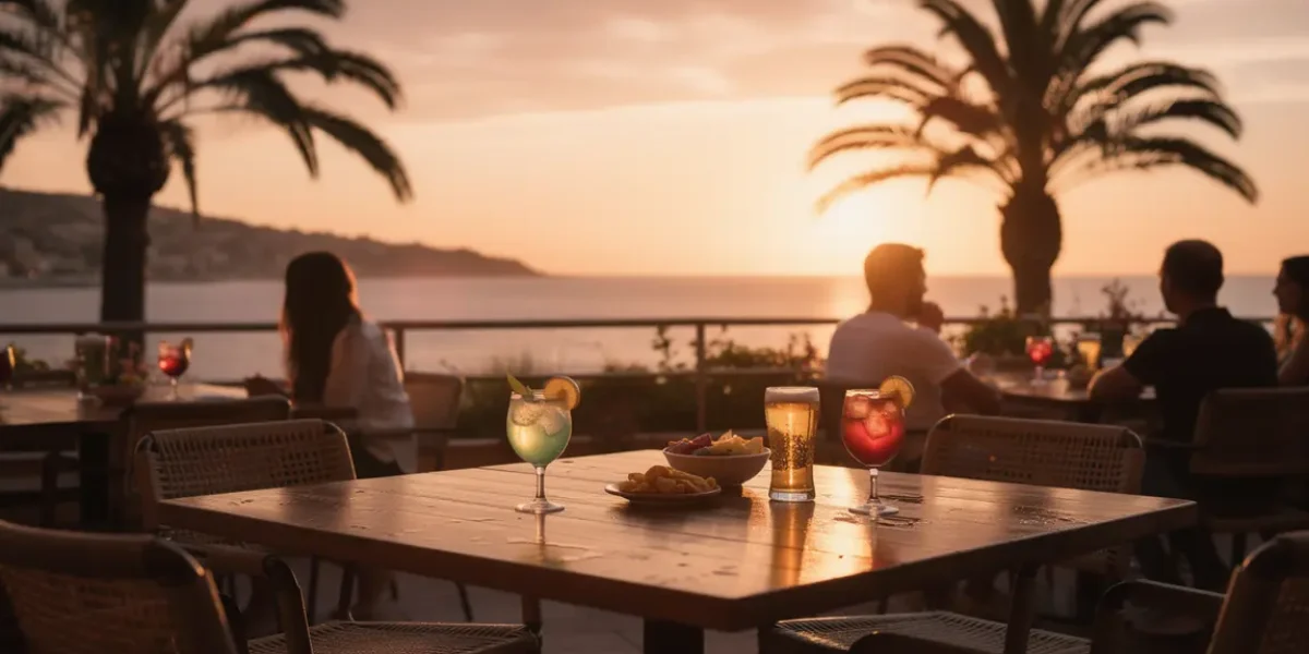 Photo soirée estivale terrasse Hyères coucher soleil cocktail