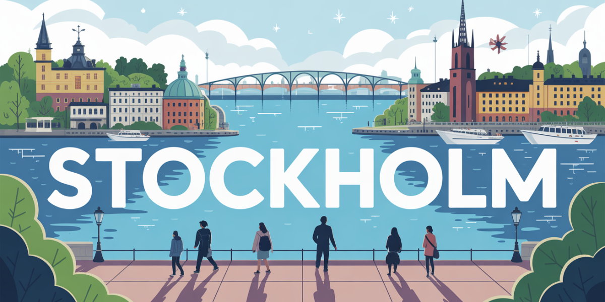 Vue stylisee Stockholm avec iles ponts et voyageurs