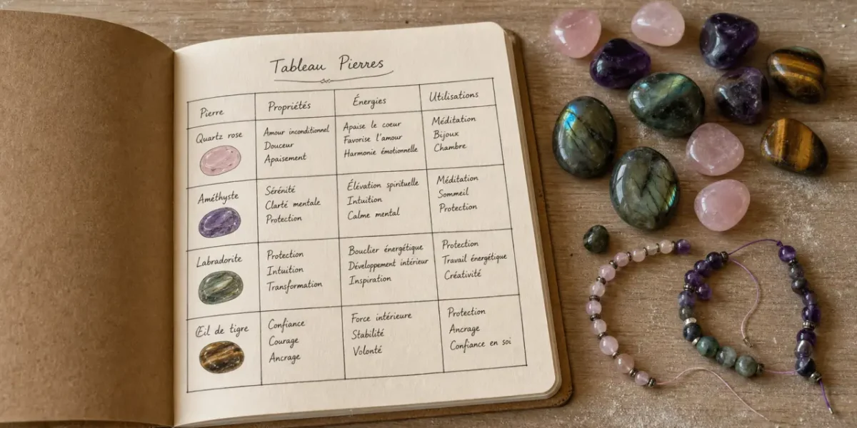 Tableau signification des pierres : quartz rose, améthyste, labradorite, œil de tigre et bracelets