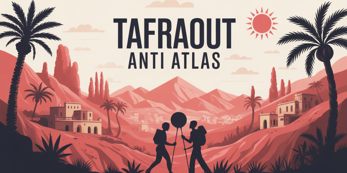 Vue stylisée du Tafraout Anti Atlas avec villages berbères, randonneurs et soleil doré