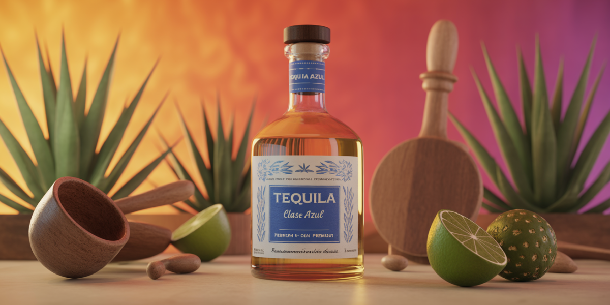 Bouteille de tequila Clase Azul premium sur fond mexicain, artisanat agave
