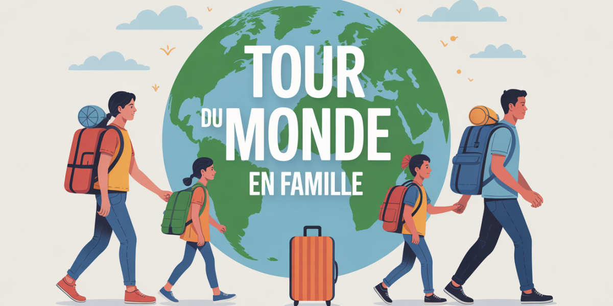 Famille sacs à dos devant le globe, tour du monde en famille