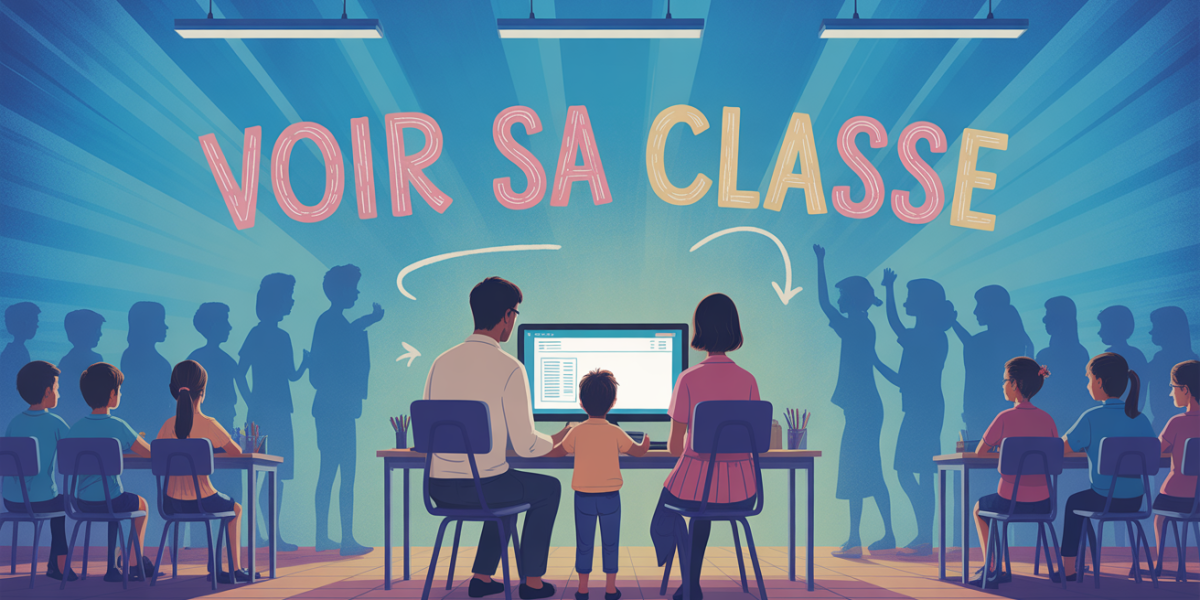 famille découvre la classe sur un ordinateur rentrée scolaire