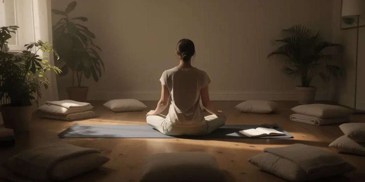 Tapis yoga, coussins, ambiance douce, posture assise.