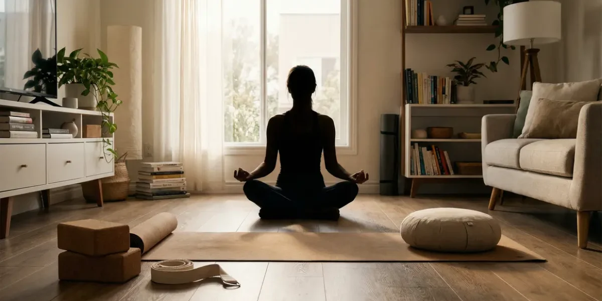 Routine yoga chez soi dans salon moderne