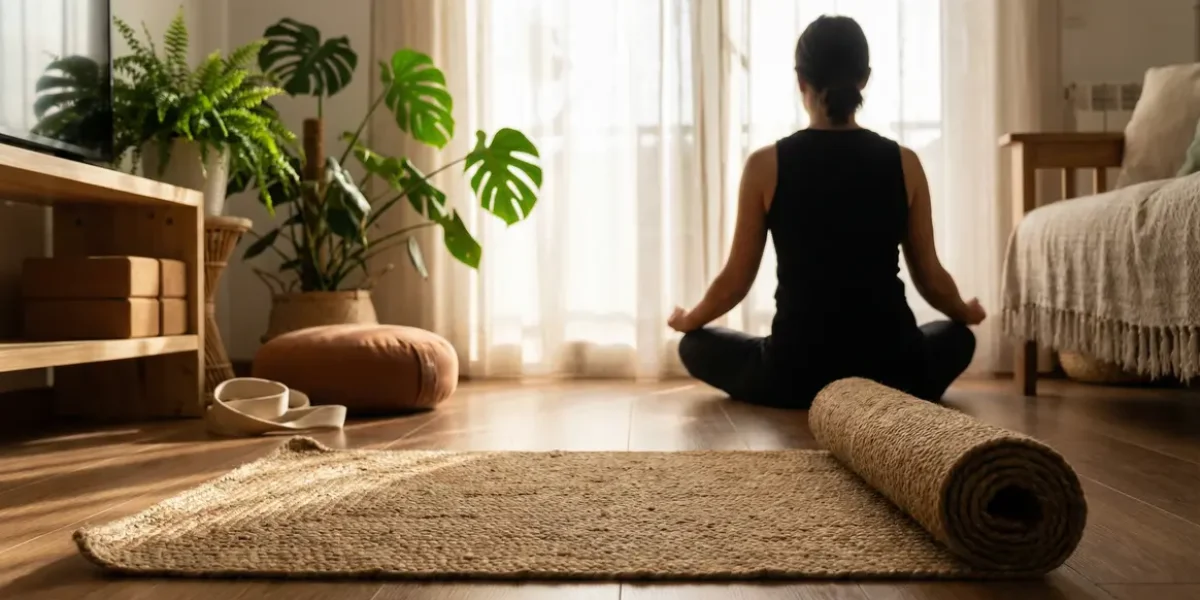 Tapis yoga debutant salon accessoires plantes