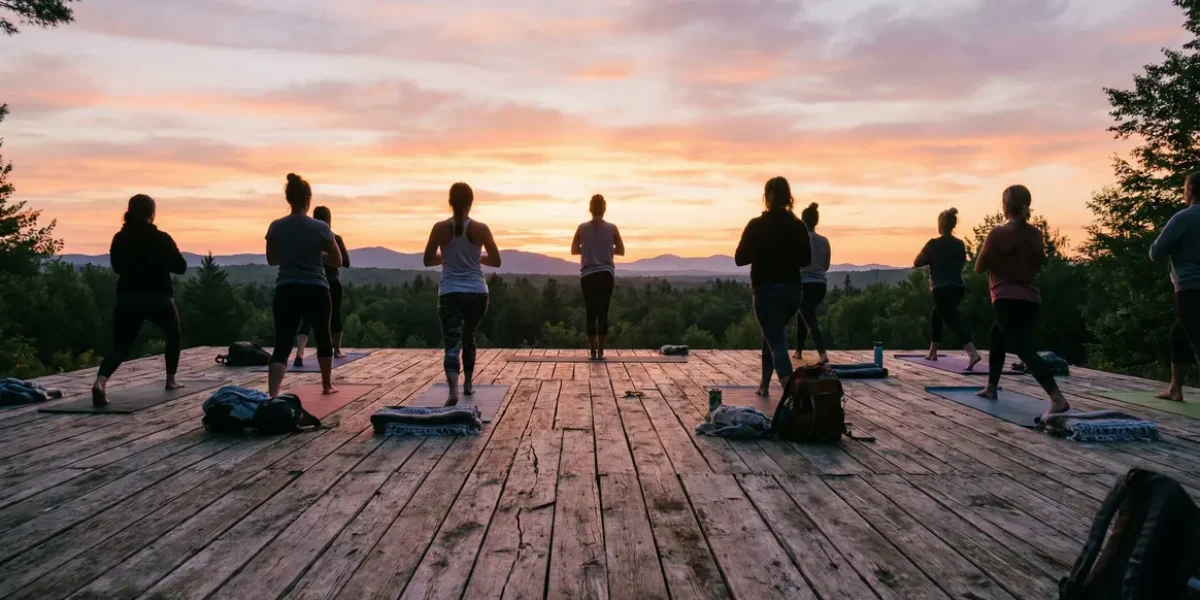 Groupe yoga lever soleil foret montagnes