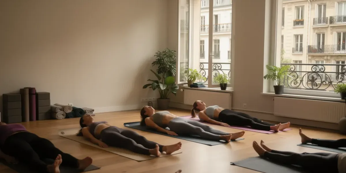 Studio de yoga urbain à Paris, lumière naturelle et tapis alignés