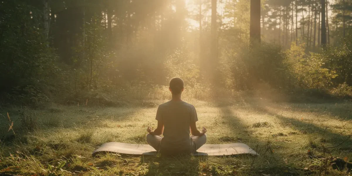 Tapis yoga herbe foret meditation matin brume