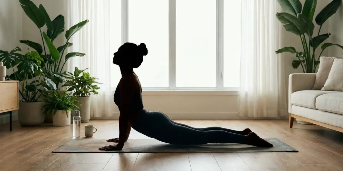Personne fait posture du cobra yoga dans salon moderne, ambiance zen