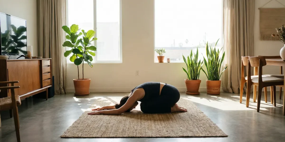 yoga quotidien posture simple tapis piece lumineuse matin bien-etre