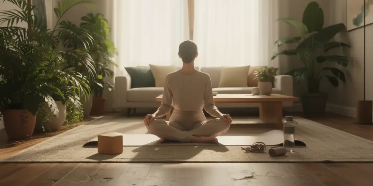 Personne assise sur tapis yoga entourée de plantes et accessoires zen