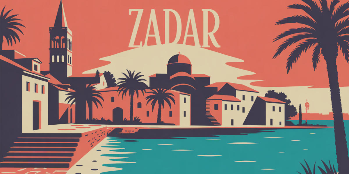 Vue stylisee de la vieille ville de Zadar, escaliers vers la mer et lumieres dorees